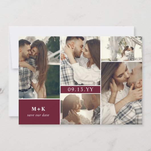 Wine Red Modern Initials & Fotos Save the Date (Vorderseite)