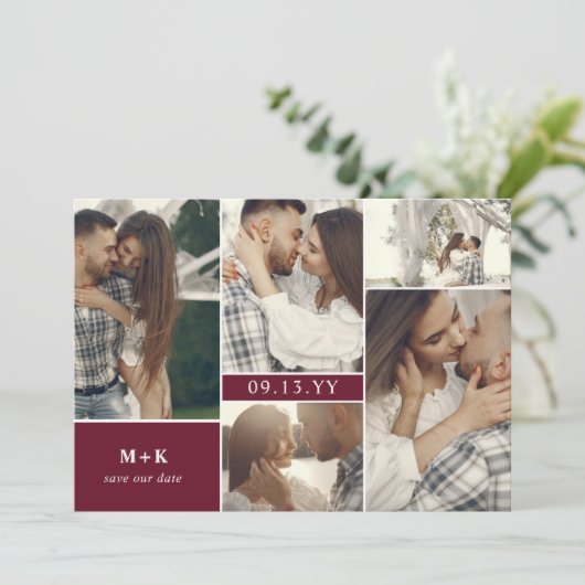 Wine Red Modern Initials & Fotos Save the Date (Stehend Vorderseite)