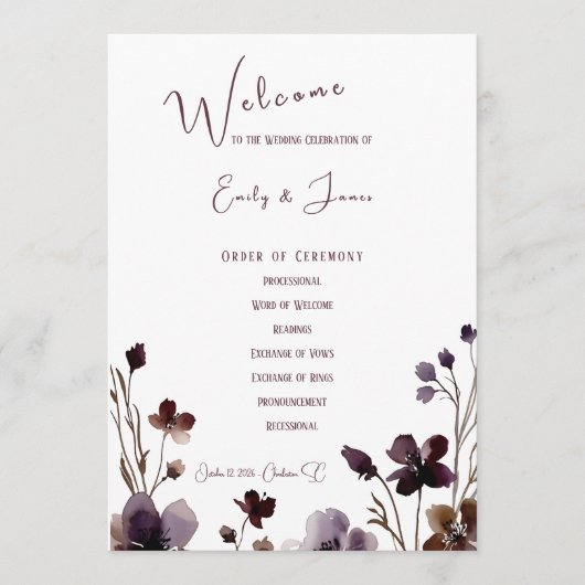 Wine Red Plum Mauve Fall Floral Wedding Programm (Vorderseite)