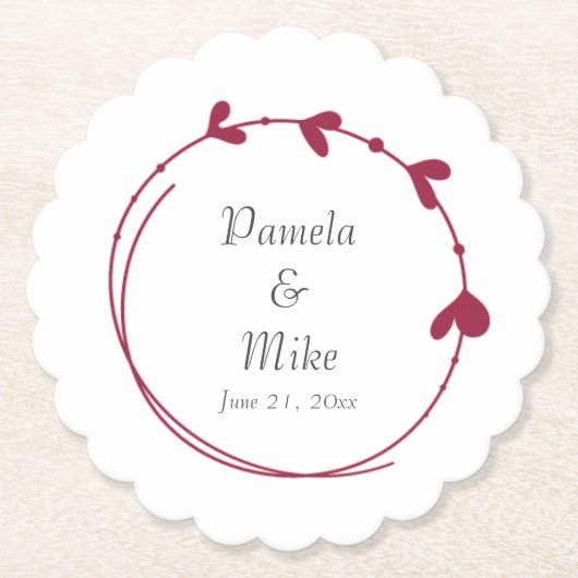 Wine Red Simple Heart Wreath Wedding Untersetzer (Vorderseite)