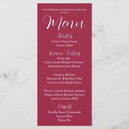 Wine Red Simple Style Wedding Dinner Menükarte (Vorderseite)