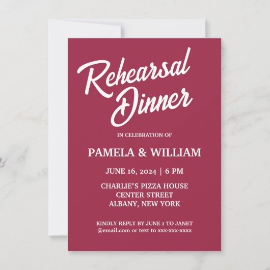 Wine Red Simple Style Wedding Probe Dinner Einladung (Vorderseite)