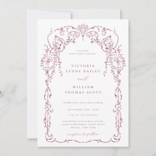 Wine Red Viktorianisch Frame Wedding Einladung (Vorderseite)