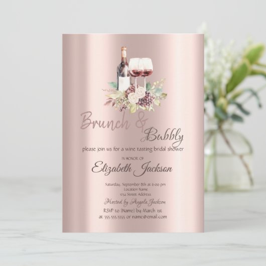 Wine Taste Trauben Rose Gold Brunch & Bubble Einladung (Stehend Vorderseite)