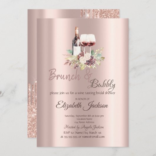 Wine Taste Trauben Rose Gold Brunch & Bubble Einladung (Vorne/Hinten)