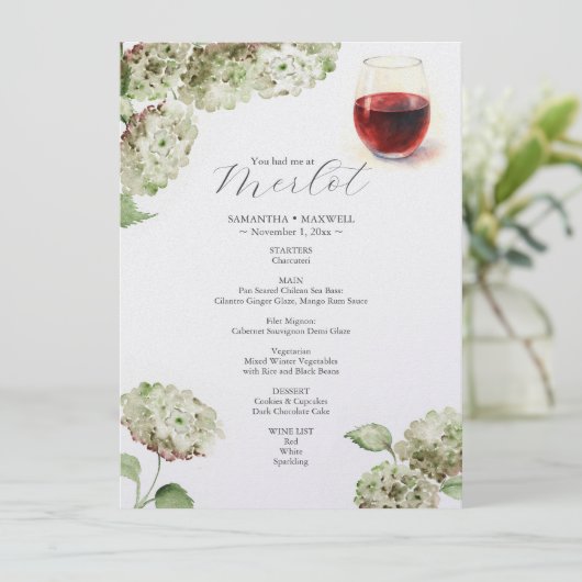 Wine Tasting Food Menu | Hydrangeas Menükarte (Stehend Vorderseite)