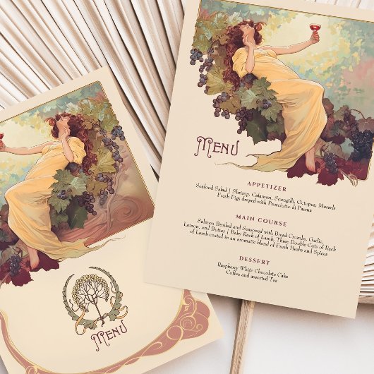 Wine Theme Art Nouveau Wedding Dinner Menü Einladung