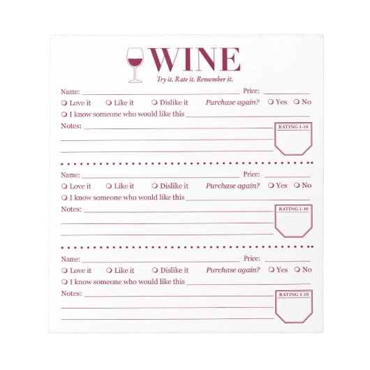 Wine Tracker, Wine Lover Drink Rating Page Notizblock (Vorderseite)