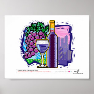 Wineglass, Flasche und Trauben, Stadt im Hintergru Poster