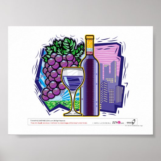 Wineglass, Flasche und Trauben, Stadt im Hintergru Poster (Vorne)