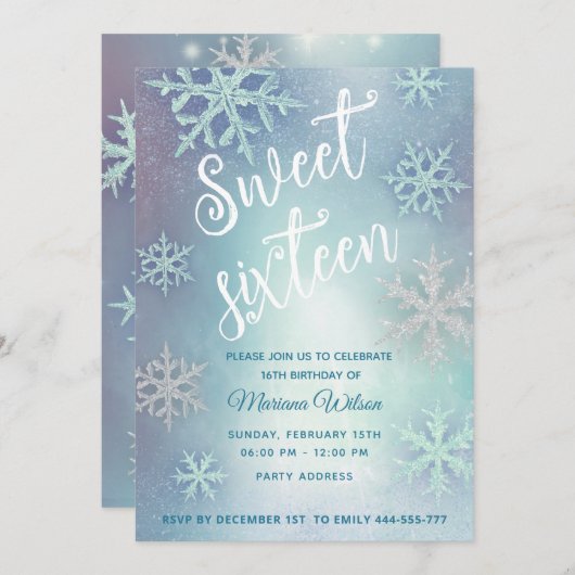 Winer Wunderland Shiny funkelnde blaue Schneeflock Einladung (Vorne/Hinten)