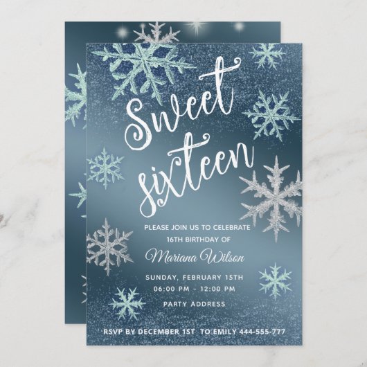 Winer Wunderland Shiny funkelnde blaue Schneeflock Einladung (Vorne/Hinten)