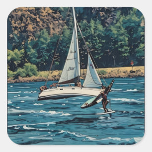 Wing Foil mit Segelboot in der Columbia River Gorg Quadratischer Aufkleber