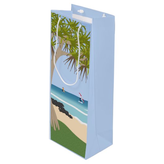 Wing Foil Surfers Pandanus Tree am Strand Geschenktüte Für Weinflaschen (Vorderseite Schrägansicht)