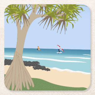 Wing Foil Surfers Pandanus Tree am Strand Rechteckiger Pappuntersetzer