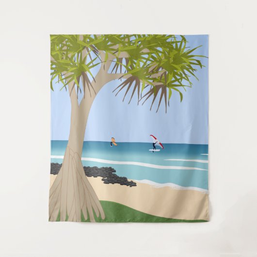 Wing Foil Surfers Pandanus Tree am Strand Wandteppich (Vorderseite)