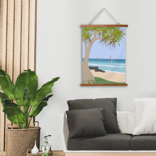 Wing Foil Surfers Pandanus Tree am Strand Wandteppich Mit Holzrahmen