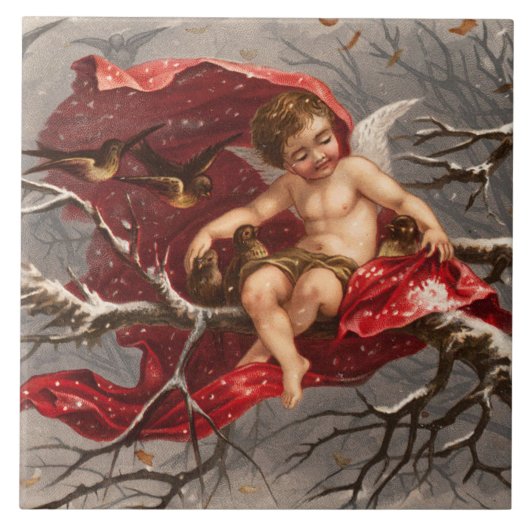 WINGED CHERUB AUF WINTERBAUM MIT BIRTEN Weihnachte Fliese (Vorderseite)