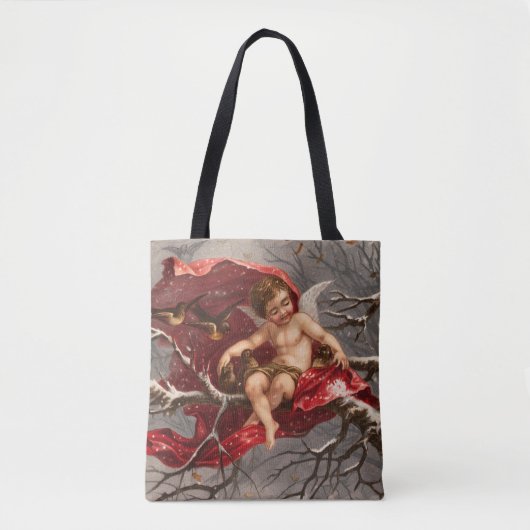 WINGED CHERUB AUF WINTERBAUM MIT BIRTEN Weihnachte Tasche (Vorderseite)