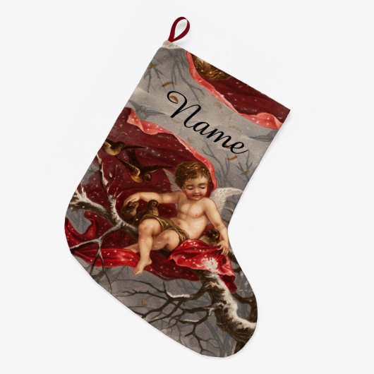 WINGED CHERUB AUF WINTERBAUM MIT VÖGELN GROßER WEIHNACHTSSTRUMPF (Vorderansicht (hängend))