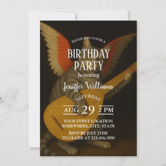 Winged Musician Cat Playing Lute Art Einladung