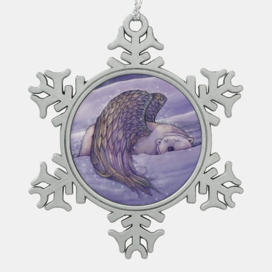 Winged Polar Bear Angel Schneeflocken Zinn-Ornament (Vorderseite)