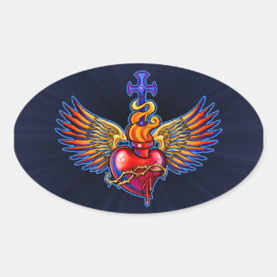 Winged Sacred Heart Design Ovaler Aufkleber