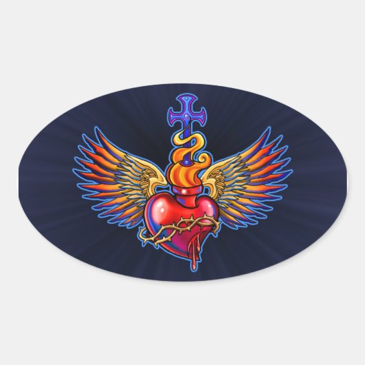 Winged Sacred Heart Design Ovaler Aufkleber (Vorderseite)