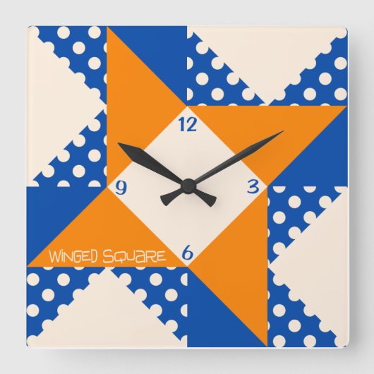 Winged Square- Blue & Orange Quadratische Wanduhr (Vorderseite)