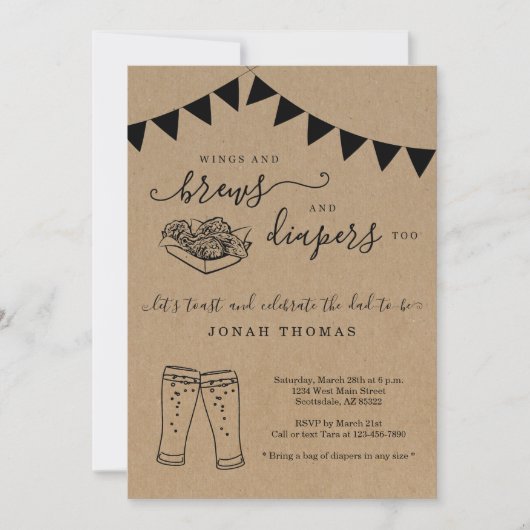 Wings and Brews and Diapers to Men's Baby Shower Einladung (Vorderseite)