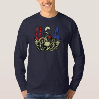 Wings klassischer Motorrad-Schädel USA langen T - T-Shirt