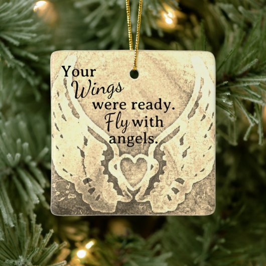 Wings waren fertig Angel Sepia Beige Foto Memorial Keramikornament (Baum)