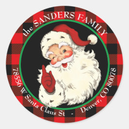 Winking Classic Santa Claus Buffalo Kariert Frame Runder Aufkleber