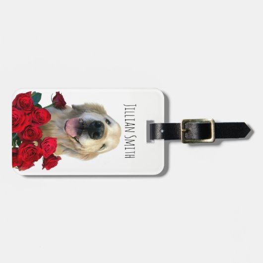 Winking Golden Retriever mit Personalisierten Rose Gepäckanhänger (Vorderseite horizontal)