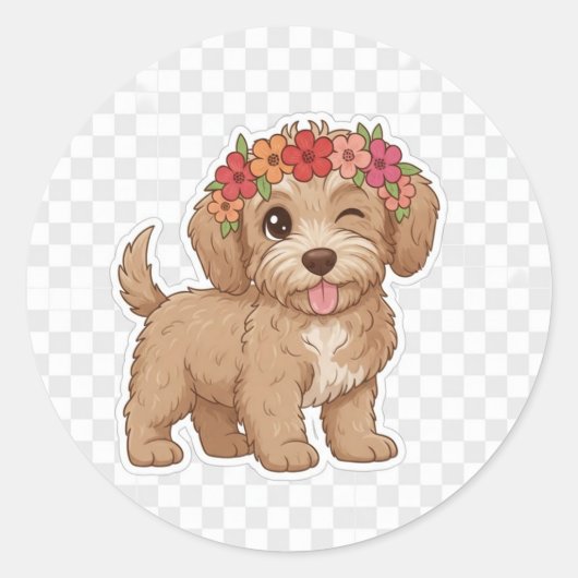 Winking Puppy Flower Crown Sticker - Cutest Doodle (Vorderseite)