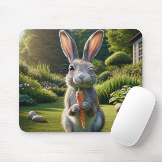 Winking Rabbit Holding a Carrot Mousepad (Mit Mouse)