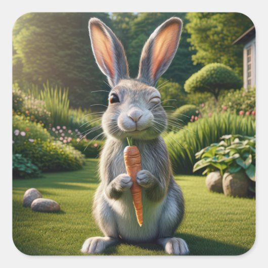 Winking Rabbit mit Karotte Quadratischer Aufkleber (Vorderseite)