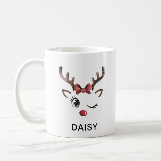Winking Red Bow Reindeer Christmas Custom Name Kaffeetasse (Links)
