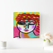 Winking Red Haired Woman Abstrakt Art Quadratische Wanduhr (Zuhause)