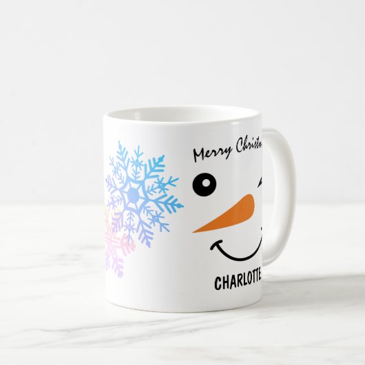 Winking Snowmans Gesicht, Schneeflocke, frohe Weih Kaffeetasse (VorderseiteRechts)
