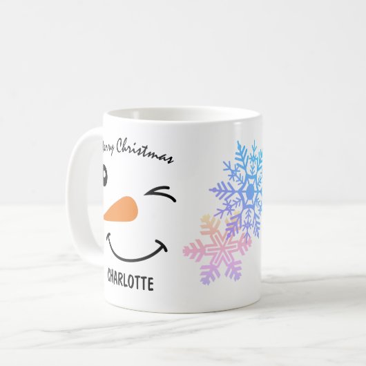 Winking Snowmans Gesicht, Schneeflocke, frohe Weih Kaffeetasse (Vorderseite Links)