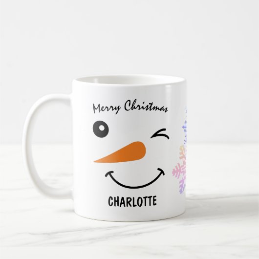 Winking Snowmans Gesicht, Schneeflocke, frohe Weih Kaffeetasse (Links)