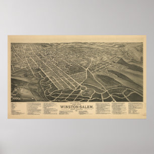 Winston-Salem N. Carolina Antique Panoramakarte Poster