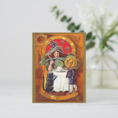 Wintage Halloween Hexe und Pumpkin Head Boy Postkarte (Stehend Vorderseite)