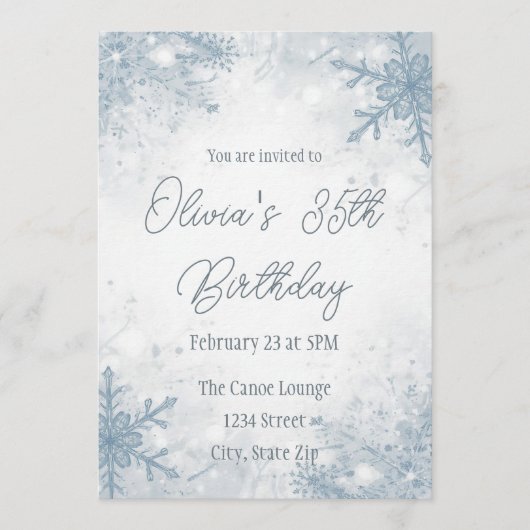 Winter 35th Birthday Invitation – Cool Gray Snow Einladung (Vorderseite)