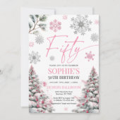 Winter 50 Geburtstag Einladung, Rosa und Silber Einladung (Vorderseite)