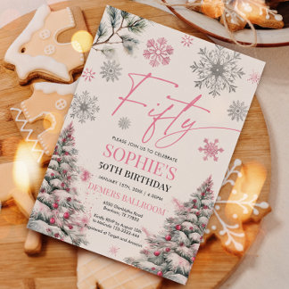Winter 50 Geburtstag Einladung, Rosa und Silber Einladung