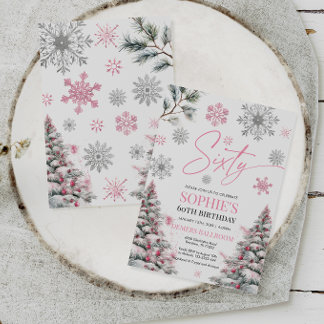Winter 60 Geburtstag Einladung, Rosa und Silber Einladung