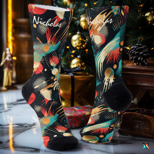 Winter-Abstrakte Socken in Türkis, Gold und Rot