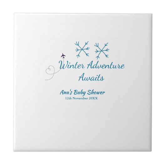 Winter Adventure awaits baby shower blue snowflake Fliese (Vorderseite)